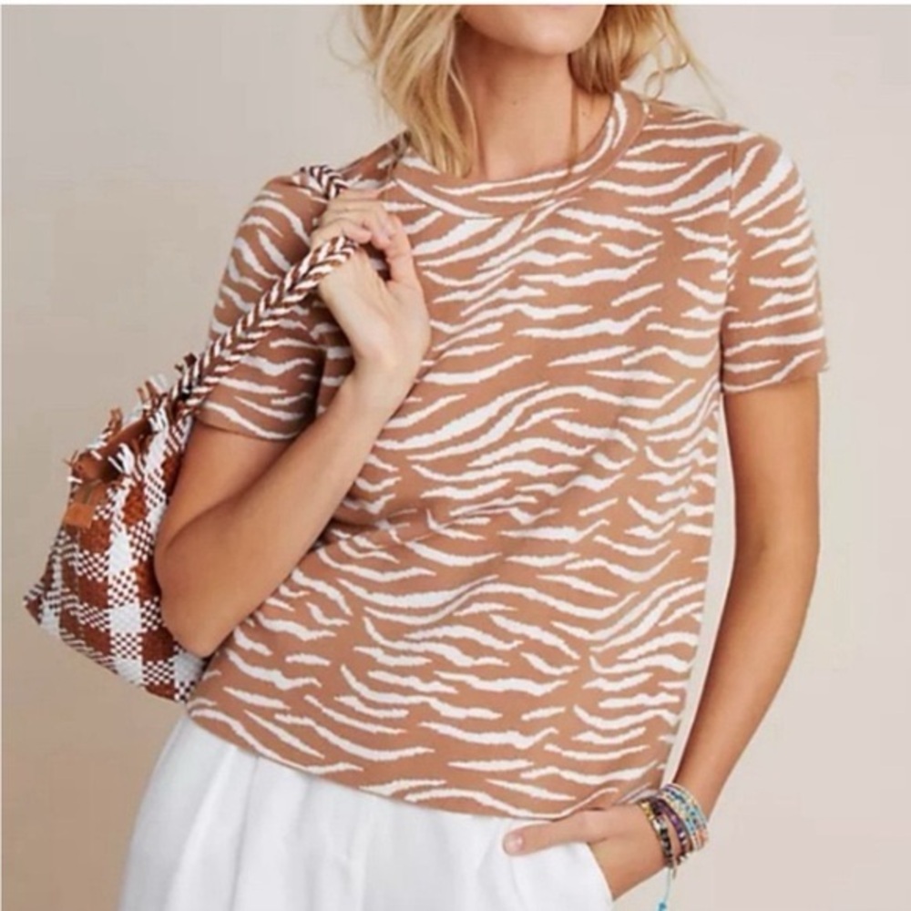 Anthropologie Evanna Short Sleeve Sweater in Tan Zebra XS